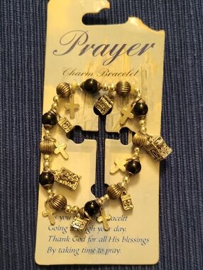 Silver-Tone Prayer Charm Bracelet with Black Beads